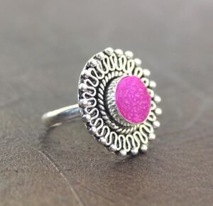 Antique Natural Agate Druzy Silver Plated Adjustable Handmade Ring Jewelry 