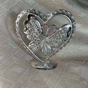 Vintage Butterfly Heart Earring Tree Holder Organizer Cast Metal Silver Plated 