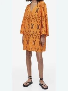 H&M EMBROIDERED DRESS LACE BRODERIE ANGLAISE BEACH ORANGE Medium SIZE UK - Picture 1 of 7