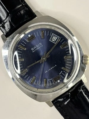 Reloj de Vestir BASIS Vintage Años 70 Para Hombre Automático Esfera Azul Fecha Cuadrado Plateado Foto 1 de 4