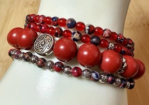 Set Of 4 Red, Blue And Silver Toned Stretch Bracelets - Picture 1 of 4