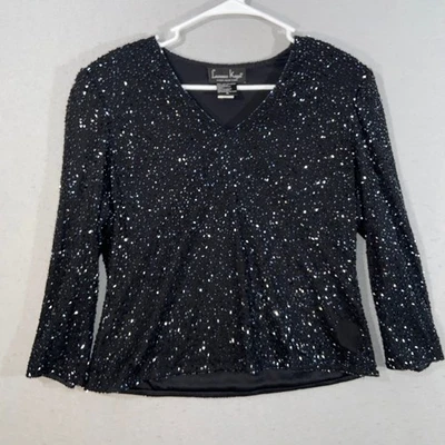 Top Laurence Kazar para mujer XL negro lentejuelas cuentas cuello en V manga larga noche Foto 1 de 4