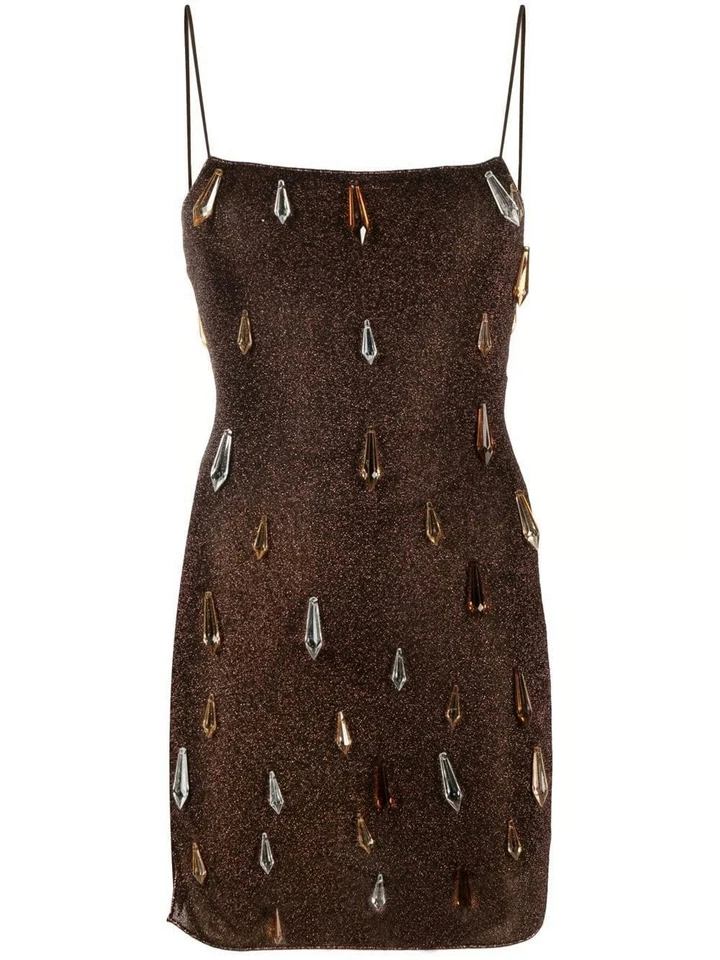 Mini Vestido de Noche OSEREE Cristal Cuello Cuadrado Marrón Chocolate Pequeño PVP400 Foto 1 de 4