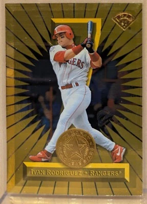 Leaf Gold All Stars #9 1997 Iván Rodríguez Rangers Salón de la fama raro inserto real de 22 kt Foto 1 de 2