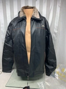 Chaqueta de cuero R Rosso negra y dorada cuello de piel negra cremallera XL CREMALLERA DAÑADA - Imagen 1 de 16