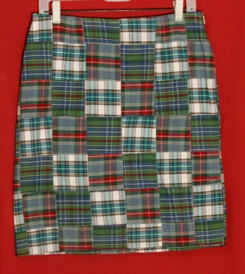CAPE MADRAS Womens 8 Pencil Skirt Preppy Plaid Patchwork Blue Green Back Pleat - Imagem 1 de 4