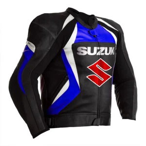 Men Suzuki Motorcycle Leather Jacket Motorbike Padded Leather Jacket Custom Made - Picture 1 of 4