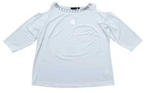 Susan Graver Artisan Blouse White Cold Shoulder Embellished 1X 3/4 Sleeve NEW - Picture 1 of 7