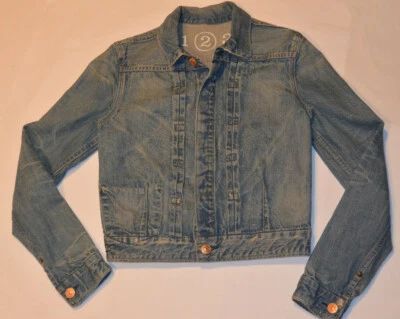 CHAQUETA DE CAMIONERO MUJER AZUL DENIM COSIDA SERIO! ¡FRENTE PLISADO! ¡ANGUSTIADO! USA S Foto 1 de 4