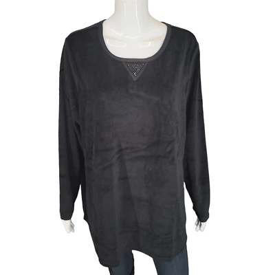 Moletom Quacker Factory tamanho grande veludo preto leve moderno casual top - Imagem 1 de 4