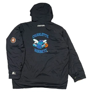 VTG 90s NBA CHARLOTTE HORNETS STARTER PUFFER JACKET HOODIE SIZE XL BLACK - Picture 1 of 12
