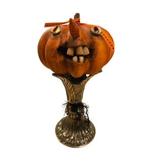 Halloween JOL Pumpkin Sculpture OOAK Creepy Jack O Lantern Teeth Assemblage Art - Picture 1 of 24