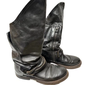 AS98 Leather Moto Boots Size 36 6 6.5 Black Knee High Foldover Cuff Fringe Biker - Picture 1 of 11