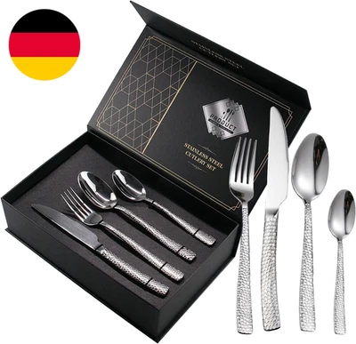 24 Teiliges Gehämmertes Besteckset – Edelstahl Messer Gabel Löffel Essbesteck Se - Bild 1 von 4