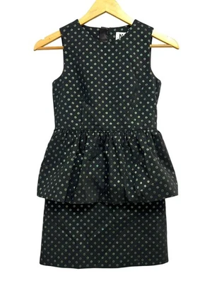 Milly Minis Dress Girls 12 Black Green Polka Dot Peplum Sleeveless Made USA - Image 1 of 4