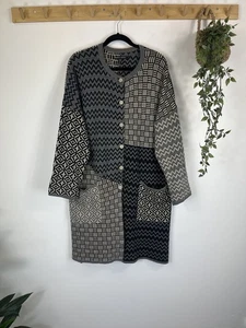 GUDRUN SJODEN CÁRDIGAN ABRIGO LÍNEA LARGA LINO PESADO MEZCLA ALGODÓN TALLA L GRIS BEIGE  - Imagen 1 de 11