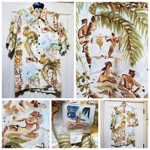 Kahala John Severson Shirt Mens Medium Cream Tropical Hawaiian Natives Surf Camp - Picture 1 of 23