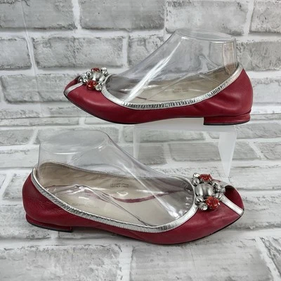 Via Spiga Italian Women’s Size 7.5 Peep Toe Red Leather Beaded Ballerina Flats - Image 1 of 4