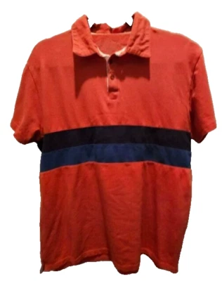 Camisa polo Threads 4 Thought para hombre M naranja, azul y negro a rayas Foto 1 de 3