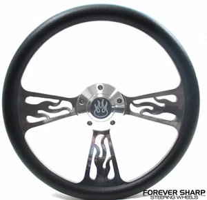 14" Billet Flame Steering Wheel with Black Vinyl Wrap and Horn Button - Picture 1 of 3