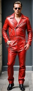 HERREN WEICHER ECHTLEDER ROTER CATSUIT VORNE REISSVERSCHLUSS OVERALL BODYSUIT BIKER-STIL - Bild 1 von 3