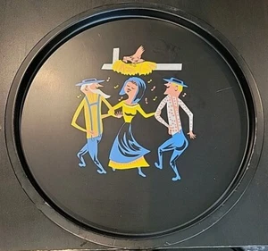 Vintage Amish Barn Dance Metal Tray Round 11" Decorative Black Folk Dutch - Picture 1 of 2