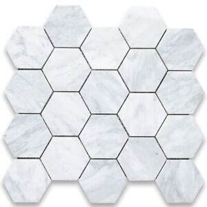 C33XH Carrara Marble Hexagon Mosaic Tile Venato Carrera White 3 inch Honed
