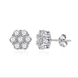 Real D VVS1 Round Moissanite Flower Shape Stud Earrings 925 Sterling Silver GRA - Picture 1 of 13