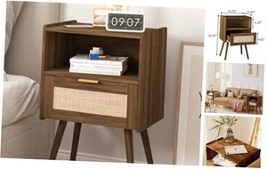 Rattan Nightstand,Modern Bedside Table with Storage Drawer and Open Wood - Picture 1 of 8
