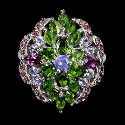 Anillo de plata de ley 925 pera cromo diopsido tanzanita piedras preciosas joyería talla 9 Foto 1 de 4