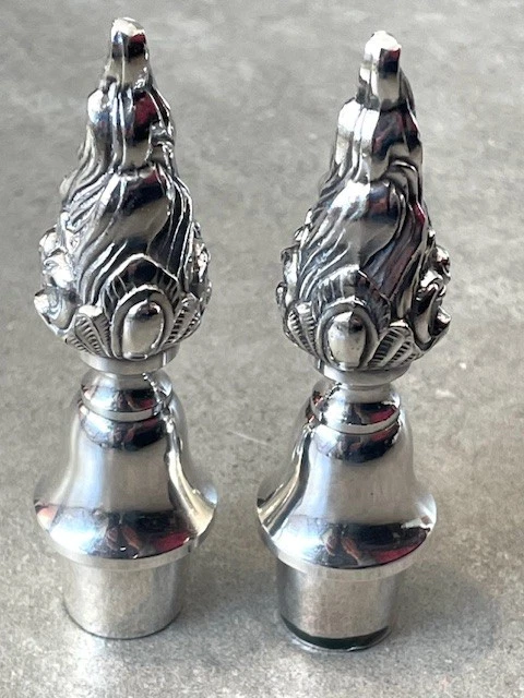 RARE ~ Set Of 2  Antique  Silverplate Candelabra Flame Finial Hammer Symbol - Image 1 of 4