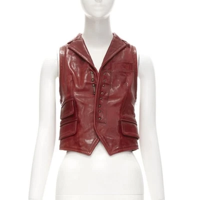 DSQUARED2 Y2K distressed red leather hook bar cropped vest S - Image 1 of 4