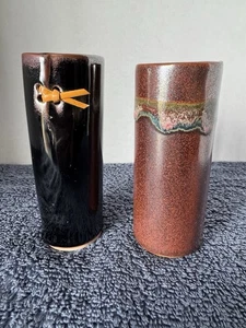 Set Of 2 Drip Multi Color Glaze Art Studio Pottery Vases, Tall Shot Glass Signed - Picture 1 of 4