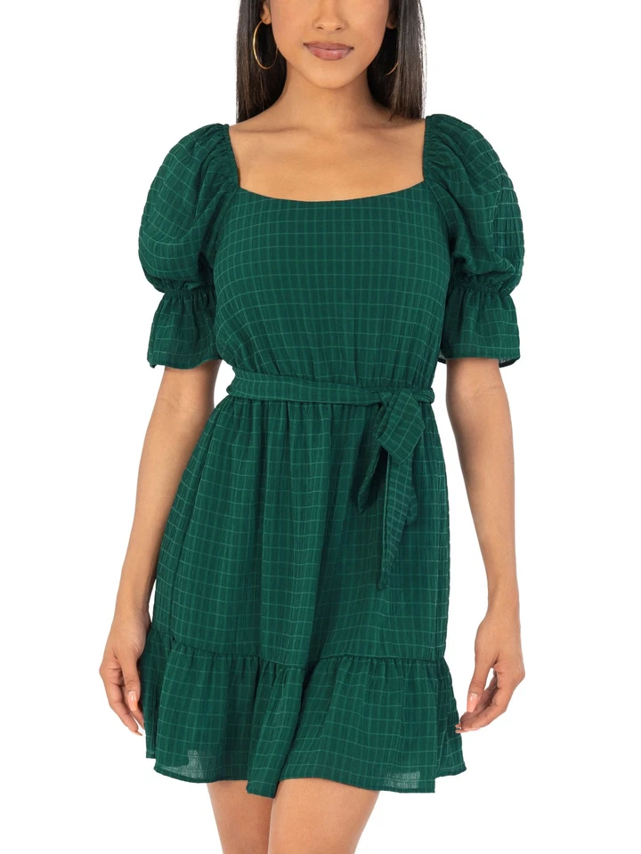 Speechless Woman Juniors' Green Shadow Pane Fit & Flare Dress Size S