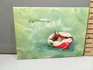 Vtg Christmas Card Cat Kitten Dreaming Santa Hat Glitter Sweet Sunshine Card ss - Picture 1 of 3