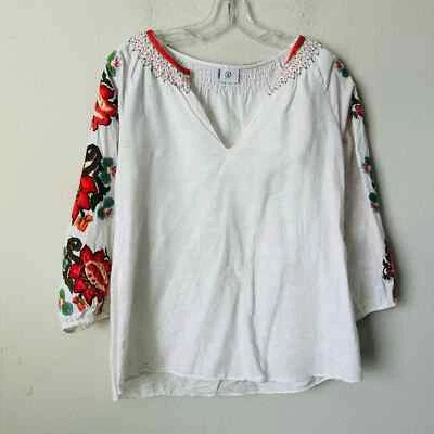 Bogner V-Neck White Floral Embroidered Sleeve Linen Boho Top Sz M B-F - Imagem 1 de 4