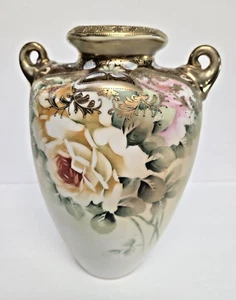 Jarrón antiguo Morimura nipón dorado adornado con moriage y rosas porcelana 10,25" - Imagen 1 de 15