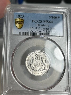 1923 Germany: Hamburg 5/100 Verrechnungsmarke - PCGS MS64 - Image 1 of 2