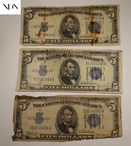 (3) 1934 Five Dollar Blue Seal Note Lot - Circulated - $5 Bill Set - Picture 1 of 3