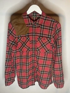Eddie Bauer Sz XS Button Up Shirt Red Plaid Flannel Faux Leather Shoulder Patch - Picture 1 of 11