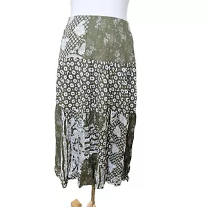 Vintage S/M Bandana Patchwork Midi Skirt Pullon Olive Green Paisley Floral Boho - Picture 1 of 10