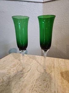Murano Art Glass Hand Blown Clear Ribbed Stem Tall Champagn Flute Glass Green 9” - Picture 1 of 6