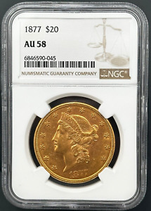 1877 P $20 Liberty Gold Double Eagle Type 3, NGC AU-58, Low Mintage Tough Date