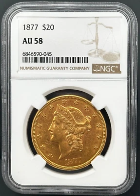 Águila doble Liberty Gold 1877 P $20 tipo 3, NGC AU-58, fecha difícil de colección baja Foto 1 de 4