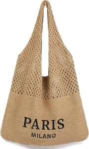 Natural Raffia Knit Tote Bag Embroidered ‘Paris Milano’ Hobo Beach Bag Handbag - Picture 1 of 6