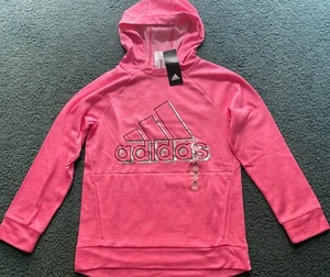 NWT Adidas Girls XL Bright Pink Heather/Silver BIG LOGO Hoodie Sweatshirt XL 16 - Picture 1 of 2