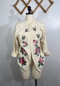 Vintage Cardigan Sweater Rose Glitter Patch 1990s Large - Picture 1 of 9