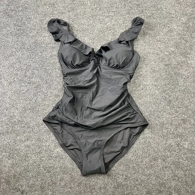 DKNY Ruffled Plunge V-Neck One Piece Women's Size M Black - Image 1 of 4