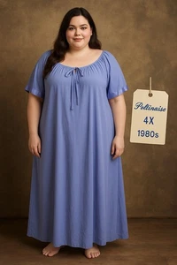 Vintage 1980er Poltinaise Periwinkle Nylon Nachthemd 4X Satinbesatz USA - Bild 1 von 8