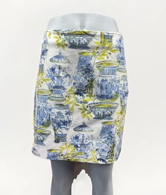Talbots юбка-карандаш женская 8 синяя зеленая акварель ваза принт хлопок холст - Изображение 1 из 4